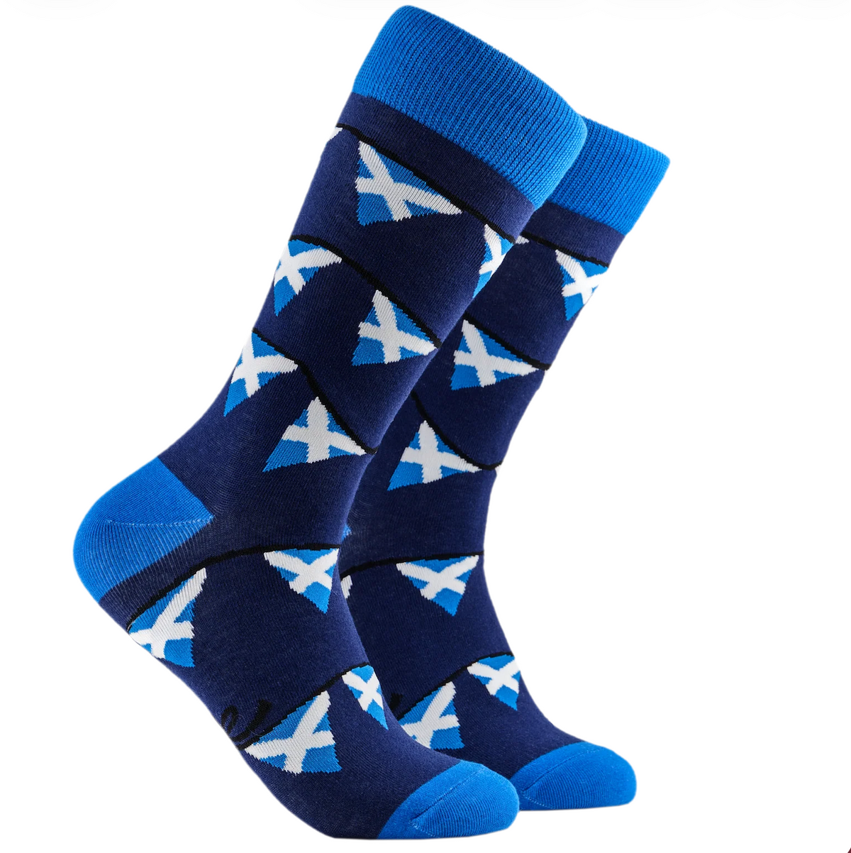 A pair of navy blue crew socks with a white and light blue Scottish saltire pattern, shown against a plain white background.