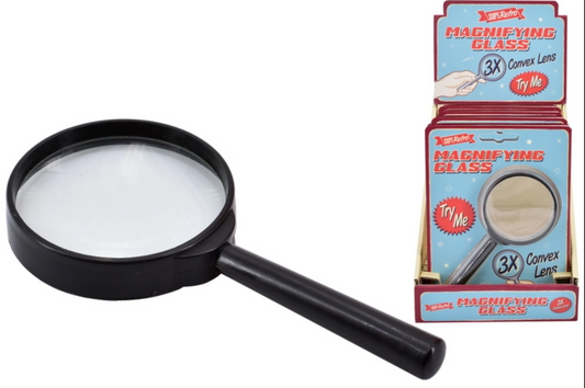 A black magnifying glass with a clear lens shown next to its retail packaging box.