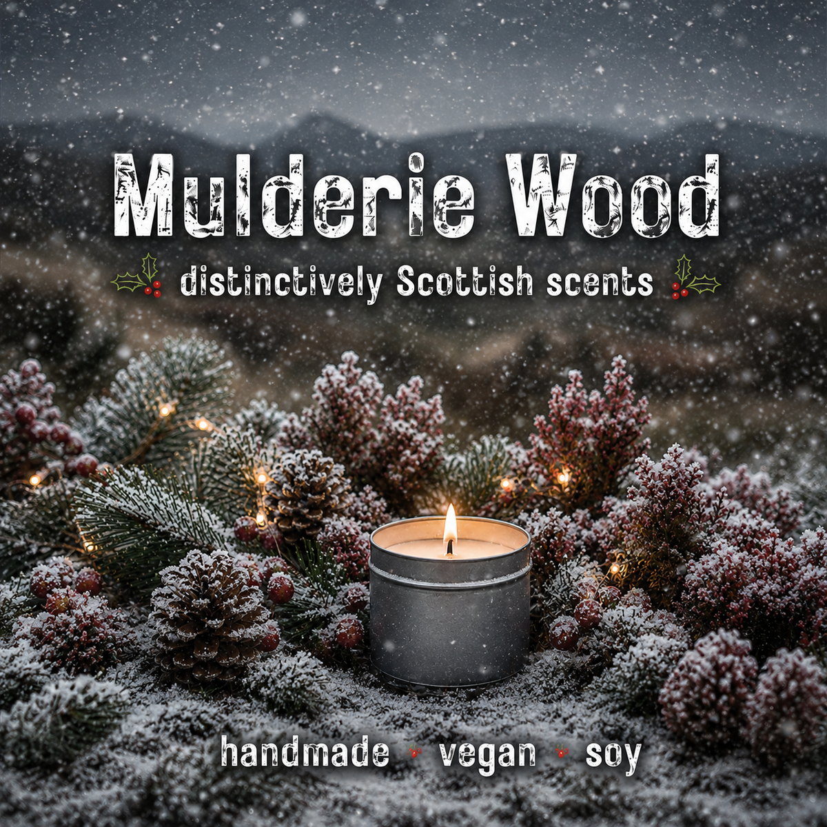 A lit metal tin candle sits in snowy pine branches with warm fairy lights and the text 'Mulderie Wood' and 'distinctively Scottish scents' over a snowy outdoor scene.