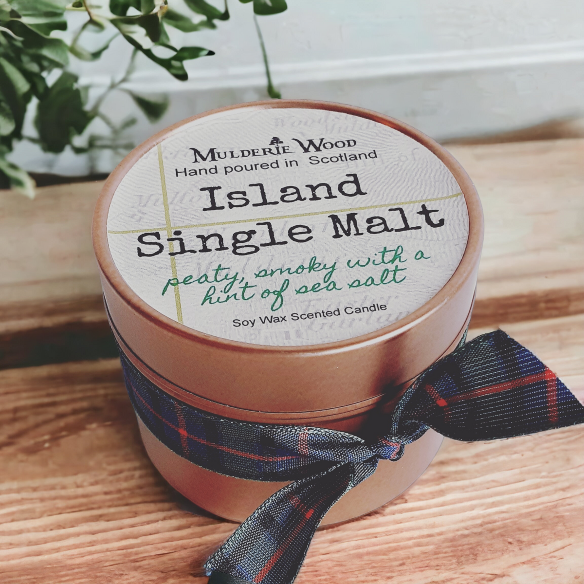 A round tin candle labeled 'Island Single Malt' by Mulderie Wood, wrapped with a dark plaid ribbon, set on a wooden surface with green foliage in the background.