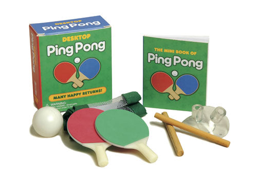A mini Ping pong set with paddles, ball, and packaging on a white background