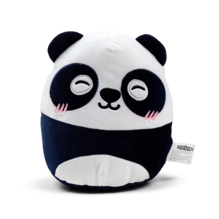 Plush panda toy with black and white color scheme on a white background