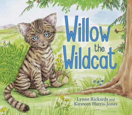 The cover of the book, featuring an illustration of a brown striped cat with bright blue eyes, sat beneath a tree. The book’s title, "WILLOW THE WILDCAT" is written in blue next to the cat, with the author's and illustrator’s names, “LYNNE RICKARDS” and “KIRSTEEN HARRIS-JONES” are written at the bottom.